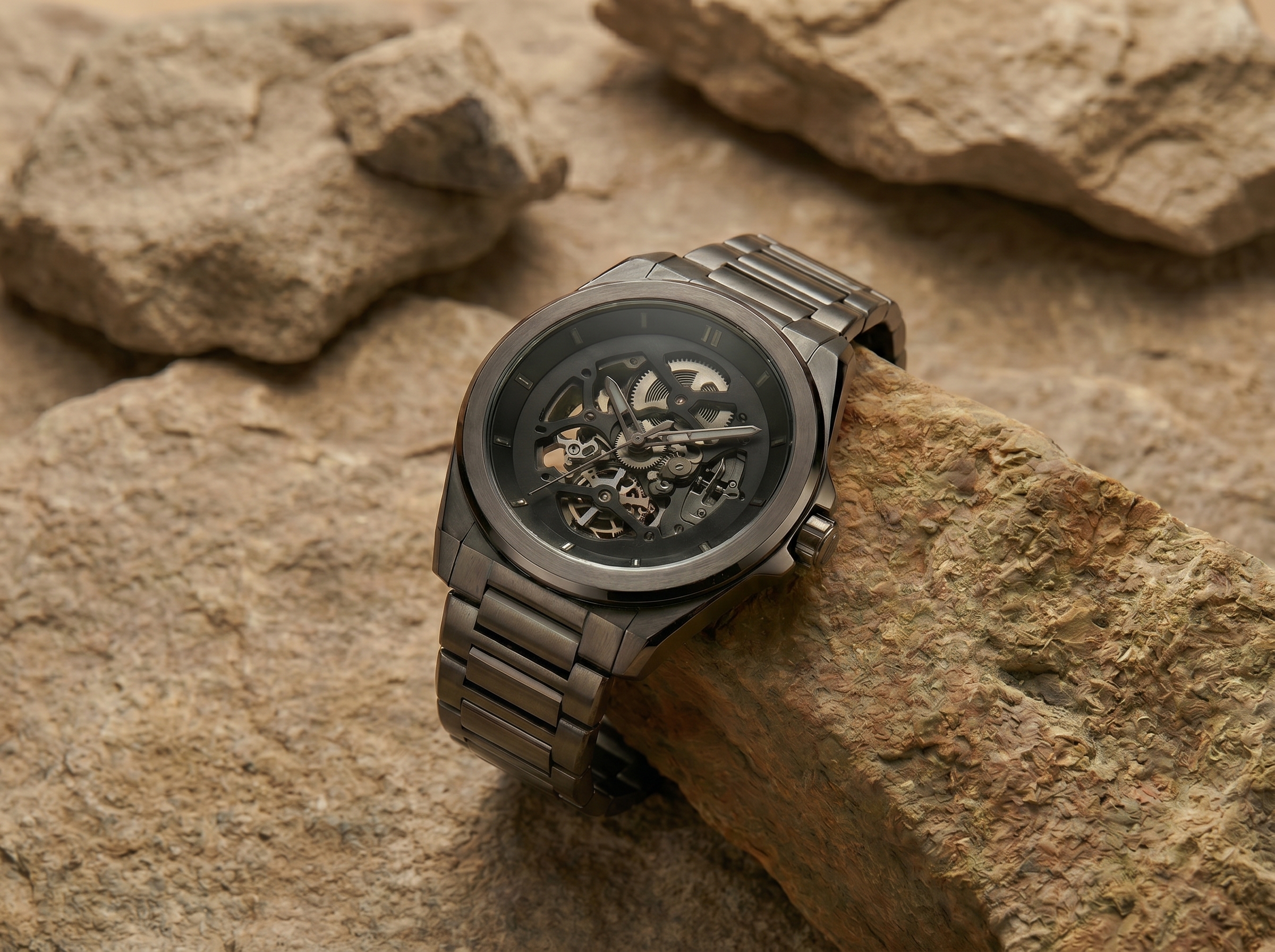 AI-generated product shot of a skeleton watch resting on rocks